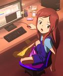  absurdres bad_id bad_pixiv_id book boots brown_eyes brown_hair cellphone chair computer cup from_behind fukuikeikoku hair_ornament hairclip higashi_no_eden highres indian_style katsuhara_mikuru keyboard_(computer) looking_back looking_up mouse_(computer) open_mouth overalls pen phone shorts sitting solo 