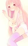  copyright_request glasses long_hair midriff pink_hair shorts solo stuffed_animal stuffed_bunny stuffed_toy tamayo thighhighs 