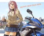  drink ground_vehicle itou_(onsoku_tassha) long_hair motor_vehicle motorcycle original pink_eyes pink_hair skirt solo thighhighs twintails zettai_ryouiki 