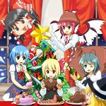  animal_ears antennae blonde_hair blue_eyes bow cake christmas christmas_tree cirno eating food green_eyes green_hair hair_bow hair_ribbon hakurei_reimu hat kirisame_marisa multiple_girls mystia_lorelei pastry red_eyes ribbon rumia ruu_(tksymkw) team_9 touhou wings wriggle_nightbug yukkuri_shiteitte_ne 