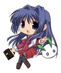  bag blue_eyes blue_hair chibi hair_intakes kannazuki_yukito kanon long_hair minase_nayuki red_skirt school_uniform skirt snow_bunny solo thighhighs 