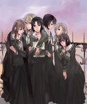  arm_hug black_hair blonde_hair blue_eyes brown_hair fence grey_eyes hug jacket_on_shoulders jealous kanina_shizuka kubo_shiori long_hair maria-sama_ga_miteru mizuno_youko mochako_(motyako) multiple_girls nijou_noriko outdoors satou_sei school_uniform serafuku short_hair silver_hair sky smile toudou_shimako 