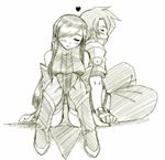  1girl blush boots closed_eyes couple dr.p gloves greyscale hair_over_one_eye heart hetero holding_hands long_hair luke_fon_fabre monochrome sitting sketch smile tales_of_(series) tales_of_the_abyss tear_grants thighhighs 