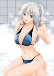  alice_ichima bikini green_eyes highres kneeling long_hair original showering silver_hair solo steam swimsuit wet 