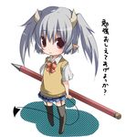 :3 bad_id bad_pixiv_id chibi copyright_request demon_girl demon_tail garter_straps horns kosumo oversized_object pencil pointy_ears school_uniform skirt solo sweater_vest tail thighhighs twintails wooden_pencil 