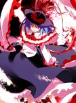  ascot asoka black_hat black_skirt blue_hair bow eyebrows_visible_through_hair frills hat hat_bow long_sleeves nagae_iku petticoat pink_shirt red_bow red_eyes red_neckwear scarf shirt short_hair skirt sleeves_past_wrists solo touhou underskirt white_skirt 