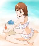  barefoot beach bikini blush brown_eyes brown_hair bucket day dimples_of_venus feet frilled_swimsuit frills kuuyuu looking_back misaka_mikoto outdoors polka_dot polka_dot_swimsuit sand short_hair sitting smile soles solo swimsuit tankini to_aru_kagaku_no_railgun to_aru_majutsu_no_index toes trowel wariza water 