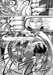  ascot breasts comic face_punch grappler_baki greyscale hinanawi_tenshi in_the_face kazami_yuuka large_breasts monochrome multiple_girls plaid plaid_skirt plaid_vest punching shaded_face skirt skirt_set smile spinning tatara_kogasa touhou translated vest violence warugaki_(sk-ii) 