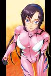  blue_eyes bodysuit brown_hair evangelion:_2.0_you_can_(not)_advance glasses hairband koga_nao leaning_forward long_hair makinami_mari_illustrious neon_genesis_evangelion pink_bodysuit plugsuit rebuild_of_evangelion solo 