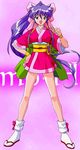  bow dancing_blade japanese_clothes kimono lowres momohime_(dancing_blade) ribbon sandals shoes solo sword weapon 