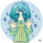  against_glass ame_(amefuri) blush coat copyright_request green_eyes green_hair lowres polka_dot solo sparkle water_drop 