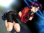  ankle_boots bangs boots brown_eyes crop_top cross crossed_arms dress dutch_angle earrings game_cg grin jacket jewelry jpeg_artifacts katsuragi_misato kneeling long_hair looking_at_viewer looking_back necklace neon_genesis_evangelion non-web_source open_clothes open_jacket parted_lips profile purple_hair short_dress smile solo suzuki_shunji tiptoes turtleneck uniform 