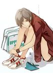  bad_id bad_pixiv_id bag brown_eyes brown_hair copyright_request kurotomato_(heavens-apple) shoes shorts sitting solo wristband 