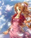  aerith_gainsborough bow bracelet brown_hair choker cloud cropped_jacket day dress feathers final_fantasy final_fantasy_vii green_eyes hair_bow hair_ribbon highres jewelry lens_flare lilithbloody long_dress long_hair pink_bow pink_dress ponytail ribbon solo staff very_long_hair 