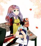  1girl bad_id bad_pixiv_id bench blue_hair book green_eyes homura_nagi kazahana_mashiro leaf long_hair my-hime necktie pantyhose pitan_(unknown07) purple_hair red_eyes short_hair smile 