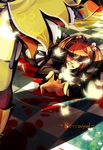  blood blue_eyes bug butterfly hair_bobbles hair_ornament insect mammon multiple_girls red13 red_hair stakes_of_purgatory tears thighhighs umineko_no_naku_koro_ni ushiromiya_ange 