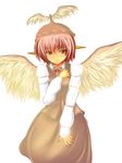  animal_ears blush bow brown_eyes dress embarrassed fingernails fukunaga_kazuhiro hair_bow hat highres lips long_fingernails long_sleeves mystia_lorelei red_hair short_hair shy simple_background solo touhou wings 