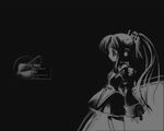  artist_request black black_background copyright_request dress greyscale high_contrast monochrome ponytail robot_ears solo source_request wallpaper 
