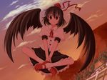  black_hair bluepony dress_shirt flying hat indian_style looking_at_viewer mary_janes red_eyes rice_paddy shameimaru_aya shirt shoes sitting skirt sky smile solo sunset tokin_hat touhou wings 