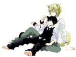  animal_ears barefoot black_hair blonde_hair cat_ears cuffs dino_(reborn) dog_ears feet handcuffs hibari_kyouya hidaka_fuuro katekyo_hitman_reborn! male_focus multiple_boys necktie school_uniform simple_background sitting smile tail wrist_cuffs yellow_eyes 