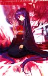  bangs black_kimono blunt_bangs enma_ai hime_cut ilmkilt japanese_clothes jigoku_shoujo kimono kneeling long_hair obi purple_hair red_eyes sash solo very_long_hair 