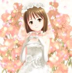  bob_cut bridal_veil bride brown_eyes brown_hair choker dress elbow_gloves flower gloves hagiwara_yukiho heart heart_hands idolmaster idolmaster_(classic) ponnetsu short_hair solo veil wedding_dress 