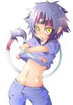  beyblade blue_hair blush child fuabio headband male male_focus midriff navel pointy_ears ponytail rei_kon shirt_lift short_hair shota standing trap undressing yellow_eyes 