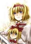  alice_margatroid blonde_hair blue_eyes blush book bow doll doll_hug flower hair_bow light_rays shanghai_doll short_hair signature sinzire solo sunbeam sunlight touhou 