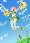  \o/ abs arms_up cheerleader day grass hajime_(caramel_toone) jumping legs original outstretched_arms panties pantyshot pink_eyes pink_hair pom_poms power_lines shoes short_hair sky sneakers solo thighhighs underwear wavy_hair white_panties 