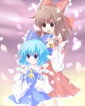  ahoge blue_eyes blue_hair blush brown_eyes brown_hair cirno cosplay detached_sleeves dress hair_ribbon hakurei_reimu hakurei_reimu_(cosplay) ice long_hair multiple_girls no_nose open_mouth petals ribbon short_hair touhou wide_sleeves wings yuya_(minus-k) 