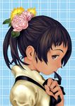  bad_id bad_pixiv_id black_eyes black_hair copyright_request flower hair_flower hair_ornament mouth_hold murata_renji ponytail profile solo upper_body 