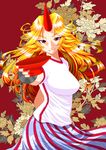  blonde_hair cup fingernails flower fuu_(futian) horn hoshiguma_yuugi long_fingernails long_hair red_eyes sakazuki shirt solo t-shirt touhou 