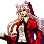  cosplay fingerless_gloves fujiwara_no_mokou gloves hair_ribbon jacket long_hair m.u.g.e.n multicolored_hair necktie parody red_eyes ribbon rugal_bernstein rugal_bernstein_(cosplay) shadow solo the_king_of_fighters tobi_(discharge_cycle) touhou 