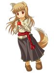  animal_ears apple fang food fruit highres holo long_hair mirano red_eyes solo spice_and_wolf tail wolf_ears wolf_tail 