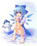  barefoot blue_eyes blue_hair cirno feet hands highres ribbon snow snowball snowman solo touhou w.f winter 