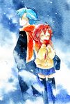  1girl back-to-back bad_id bad_pixiv_id blue_hair breath cold couple hetero kamina red_hair scarf shared_scarf snow takemyaa tengen_toppa_gurren_lagann thighhighs traditional_media winter yoko_littner zettai_ryouiki 