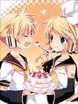  1girl :q aqua_eyes birthday blonde_hair brother_and_sister cake candle closed_eyes feeding food fork hair_ornament hair_ribbon hairclip hara_yui headphones headset heart kagamine_len kagamine_rin lowres necktie pastry ribbon short_hair siblings smile tongue tongue_out twins vocaloid 