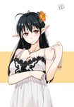  antenna_hair bare_shoulders black_hair blush breasts collarbone elf flower jewelry katori_(pso2) large_breasts long_hair mole mole_under_eye necklace pale_skin phantasy_star phantasy_star_online_2 pointy_ears red_eyes shimotsuki_iko solo 