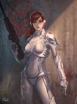  artist_name assault_rifle blush bodysuit breastplate crevice gauntlets ghost glowing green_eyes gun headgear headphones highres holding holding_weapon light_smile lips long_hair looking_at_viewer md5_mismatch moss plant ponytail raikoart red_hair rifle sarah_kerrigan skin_tight solo starcraft terran terran_ghost wall weapon 