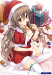  absurdres bauble blush breasts brown_eyes brown_hair cake capelet cleavage curly_hair dress drill_hair eating food fork fruit fur_trim gingerbread_man hair_between_eyes hair_ornament hairclip hat highres long_hair looking_at_viewer low_twintails medium_breasts melonbooks mouth_hold muririn red_dress santa_hat scan sidelocks sitting solo strawberry thighhighs twin_drills twintails white_legwear yokozuwari 