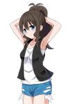  blue_eyes brown_hair denim denim_shorts exposed_pocket long_hair no_hat no_headwear pokemon pokemon_(game) pokemon_bw shorts simple_background solo torn_clothes torn_shorts touko_(pokemon) white_background yukikan 