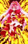  absurdres akagi_towa bad_id bad_pixiv_id belt blush choker cure_scarlet detached_sleeves earrings fiery_background fire full_body go!_princess_precure highres jewelry long_hair magical_girl pink_hair pointy_ears precure quad_tails red_eyes red_footwear red_sleeves sharumon shoes skirt solo 