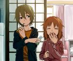  abe_nana alternate_hairstyle brown_hair brushing_teeth green_eyes hair_down idolmaster idolmaster_cinderella_girls kimura_natsuki kyouno multiple_girls open_mouth short_hair toothbrush toothpaste track_suit yawning 