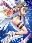  angel_wings angewomon ass asymmetrical_clothes blonde_hair breasts cleavage covered_eyes digimon helmet high_heels large_breasts lowres o-ring official_art open_mouth outstretched_arm pointing solo thigh_strap twisted_torso wings 