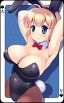  animal_ears arms_behind_head arms_up blonde_hair blue_eyes bow bowtie breasts bunny_ears bunny_tail bunnysuit card cleavage covered_nipples detached_collar fishnet_pantyhose fishnets huge_breasts kanisaka original pantyhose playing_card short_hair solo tail wrist_cuffs 