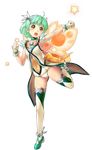  :d ahoge anklet armpits bangs bow bracelet breasts brooch choker clenched_hands covered_navel fairy fairy_wings feathers frills full_body gloves green_footwear green_hair hair_ornament happy jewelry joy_(sennen_sensou_aigis) leg_up looking_at_viewer official_art open_mouth orange_eyes outstretched_arm ribbon school_swimsuit sennen_sensou_aigis short_hair small_breasts smile solo standing standing_on_one_leg star swimsuit swimsuit_costume thighhighs transparent_background uchiu_kazuma white_gloves white_legwear wings 