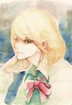  absurdres allan_twilight androgynous anmonaito blonde_hair bow bowtie chin_rest eyelashes graphite_(medium) green_eyes highres looking_at_viewer male_focus poe_no_ichizoku portrait red_ribbon ribbon solo traditional_media watercolor_(medium) 