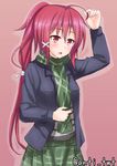  ahoge anti_(untea9) arm_up blush casual commentary cowboy_shot green_scarf green_skirt hair_ornament hair_ribbon highres holding holding_hair i-168_(kantai_collection) jacket kantai_collection long_hair long_sleeves open_clothes open_mouth ponytail red_background red_hair ribbon scarf shirt simple_background skirt solo standing striped striped_shirt twitter_username white_ribbon 