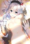  1girl arm_support bed_sheet blue_eyes blush breasts commentary_request gloves hat hetero kantai_collection kashima_(kantai_collection) large_breasts long_hair looking_at_viewer lying nipples on_back open_clothes sheet_grab silver_hair solo_focus tears yadapot 