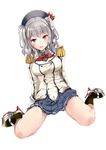  blue_eyes breasts gloves hat kantai_collection kashima_(kantai_collection) large_breasts long_hair matsuzaki_miyuki military military_uniform miniskirt pleated_skirt silver_hair skirt smile solo twintails uniform wavy_hair 